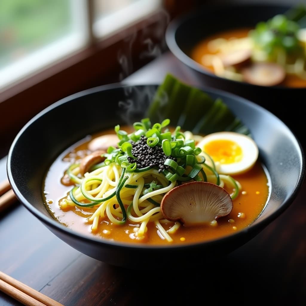 Bowl hondo de cerámica negra con ramen de calabacín spiralizado sumergido en caldo de miso dorado, brotes de soja frescos, champiñones shimeji, algas wakame y semillas de sésamo negro. Decorado con cebollino picado y un toque de pimienta de Sichuan. Receta vegana low carb.