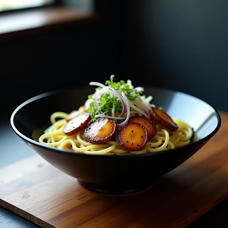 Cuenco hondo de cerámica negra con ramen vegano de calabacín espiralizado, shitake dorados crujientes, brotes de soja, cebolla morada y salsa miso cremosa, decorado con semillas de sésamo negro y tiras de alga nori, sobre fondo rústico de madera.