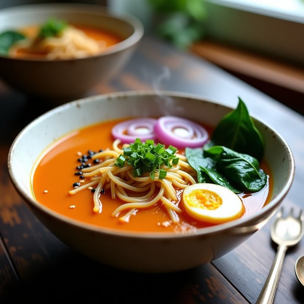 Bowl de ramen vegano japonés con caldo cremoso de calabaza butternut y misoz, fideos de arroz, espinacas verdes y decoración de semillas de sésamo negro y cebollino fresco, servido en cuenco de cerámica blanca sobre fondo de madera oscura.