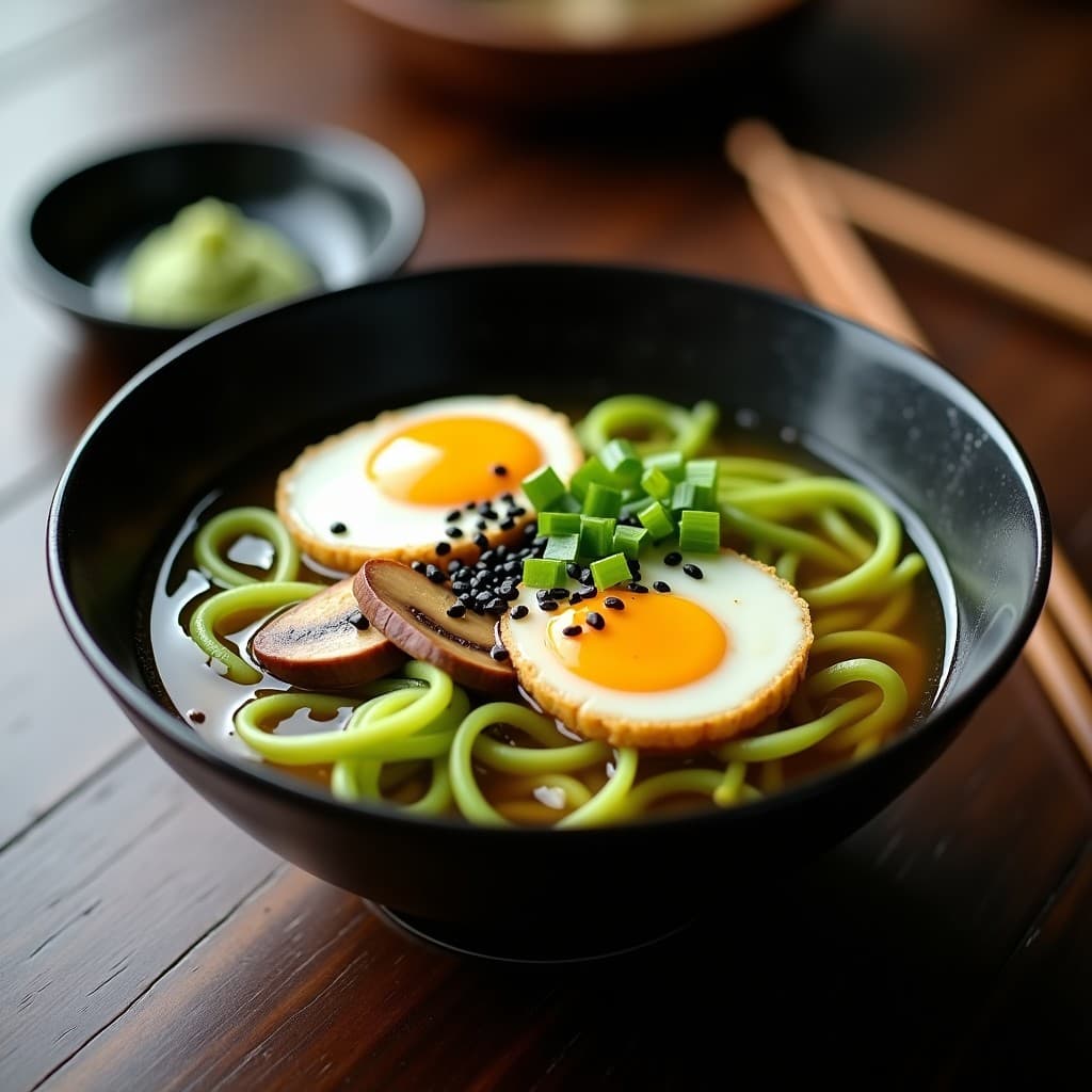 Bowl hondo negro con ramen keto de zoodles de calabacín, caldo dorado umami, huevos pochados con yema líquida, cebollino picado y semillas de sésamo negro. Plato humeante con fondo de encimera de madera oscura y utensilios de cocina japoneses.