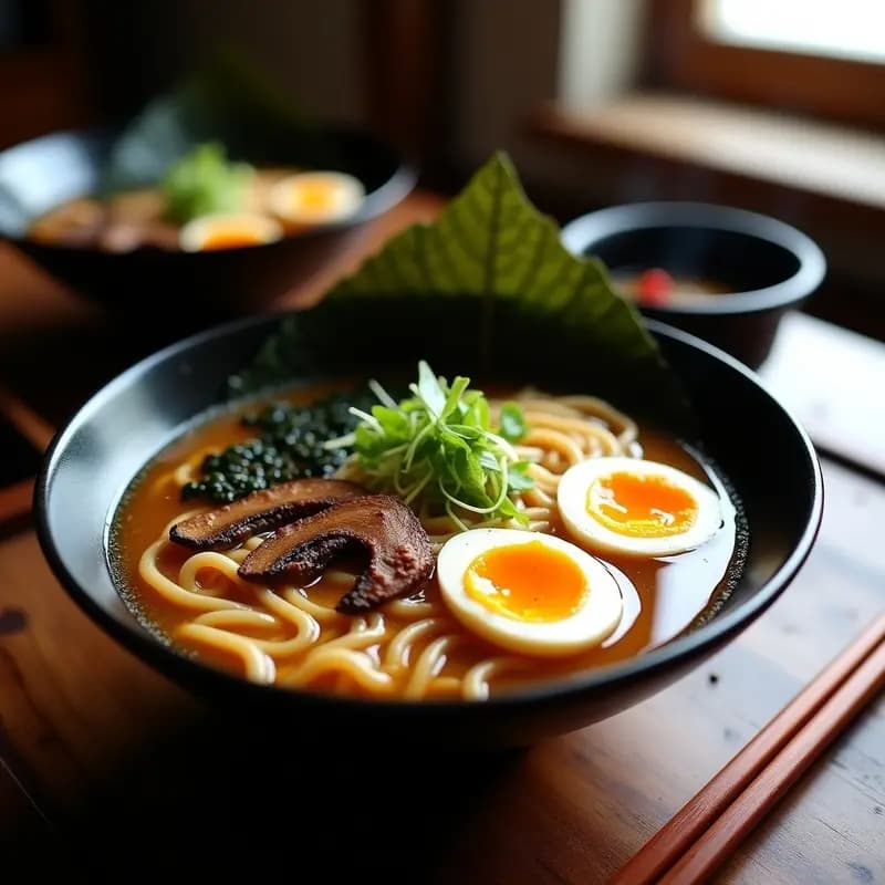 Cuenco hondo de cerámica negra con ramen de caldo de huesos dorado y espeso, fideos al dente, hongos shitake oscurecidos, rodajas de raíz de loto, huevos de codorniz abiertos, algas wakame y semillas de sésamo negro, decorado con cebollino y aceite de sésamo brillante.