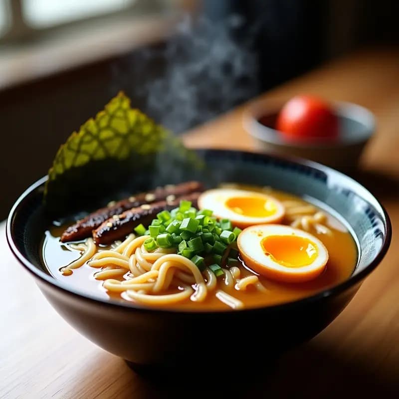 Cuenco hondo de cerámica negra con ramen japonés: caldo de huesos dorado y espeso, fideos ramen al dente, huevo marinado cortado por la mitad mostrando yema cremosa amarilla, brotes de soja, cebollino picado y chiles rojos en láminas. Aceite de sésamo brillando en la superficie.