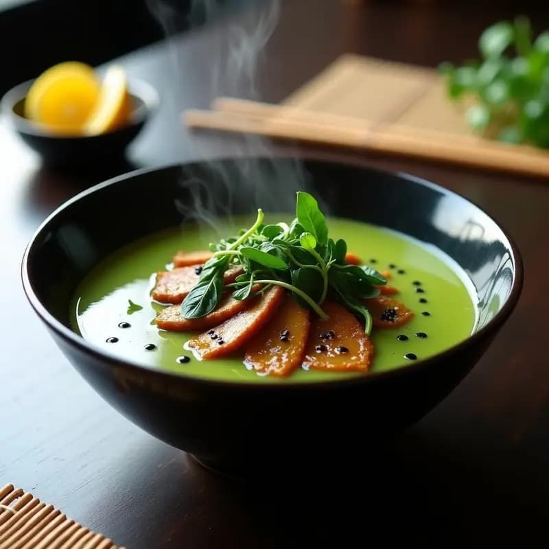 Cuenco hondo de cerámica negra con ramen de caldo verde esmeralda, seitán dorado en tiras, hojas de shinji y espinacas, algas wakame y semillas de sésamo. Decorado con cebolla verde picada y un hilo de aceite de sésamo tostado sobre fondo de madera rústica.