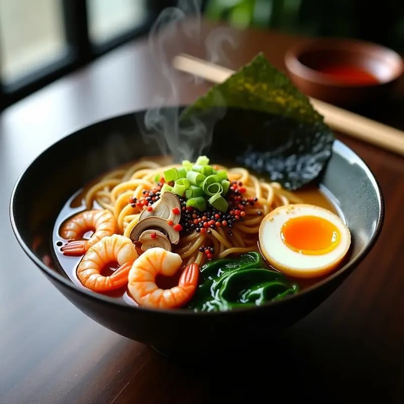 Bol hondo negro con ramen de camarones rosados y caldo de bone broth espumoso, decorado con huevo marinado cortado por la mitad, cebollino, semillas de sésamo negras y alga nori. Plato japonés alto en colágeno y proteína.