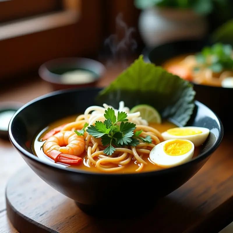 Cuenco hondo de cerámica negra con ramen de camarones y cúrcuma tailandés, fideos de arroz bañados en caldo dorado de leche de coco, camarones rosados, huevos de codorniz abiertos, brotes de soja, cilantro fresco y semillas de sésamo negro, decorado con rodajas de limón kaffir y chile rojo.
