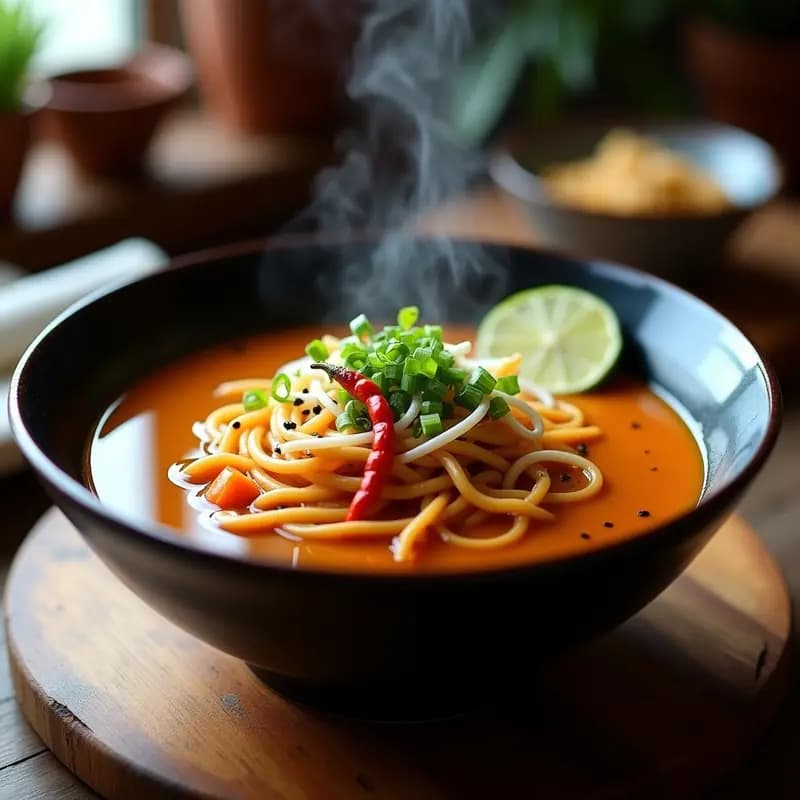 Bowl negro de ramen vegano de camote y cacahuete con caldo cremoso color morado oscuro, fideos ramen, brotes de soja, rodajas de chile rojo, cebollino y semillas de sésamo negro. Plato humeante con fondo rústico y rodaja de limón kaffir al lado.