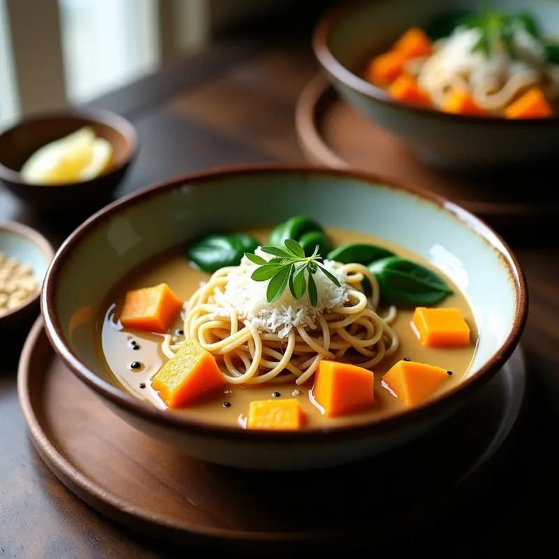Bowl de ramen vegano con caldo crema de sésamo de color beige oscuro, fideos sin gluten, cubos de camote naranja, espinacas baby, cocotero rallado blanco y semillas de sésamo negro, decorado con ciboulette y un chorrito de limón.