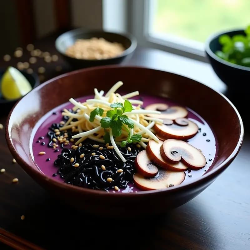 Bowl de ramen japonés vegano con caldo morado intenso de camote, fideos de arroz negro, hongos shiitake en láminas, brotes de soja, semillas de sésamo negras y cebollino picado, decorado con pimienta de Sichuan.