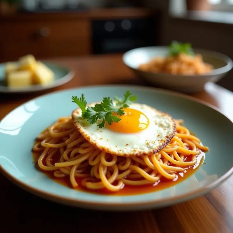 Cuenco hondo negro con ramen casero, caldo dorado y humeante, fideos amarillos, huevo mar conveyed cortado por la mitad mostrando yema cremosa, algas nori, brotes de soja y cebollino. Plato tradicional japonés reconfortante.