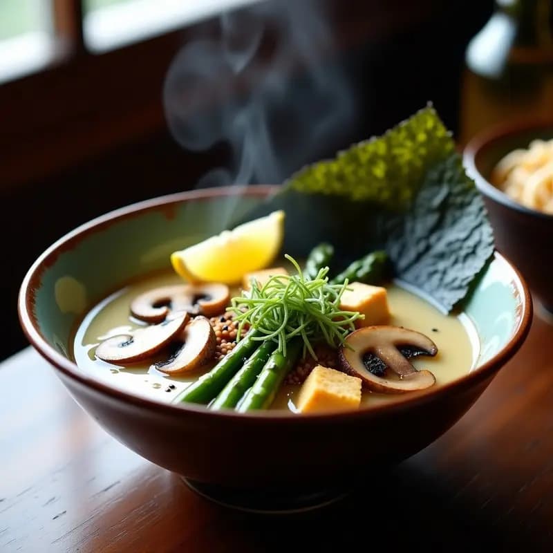 Bowl de ramen vegano sin fideos de trigo, con caldo cremoso de miso blanco, champiñones shiitake y portobello, espárragos trigueros, tofu dorado, algas wakame y semillas de sésamo negro, decorado con brotes de soja y rodajas de limón.
