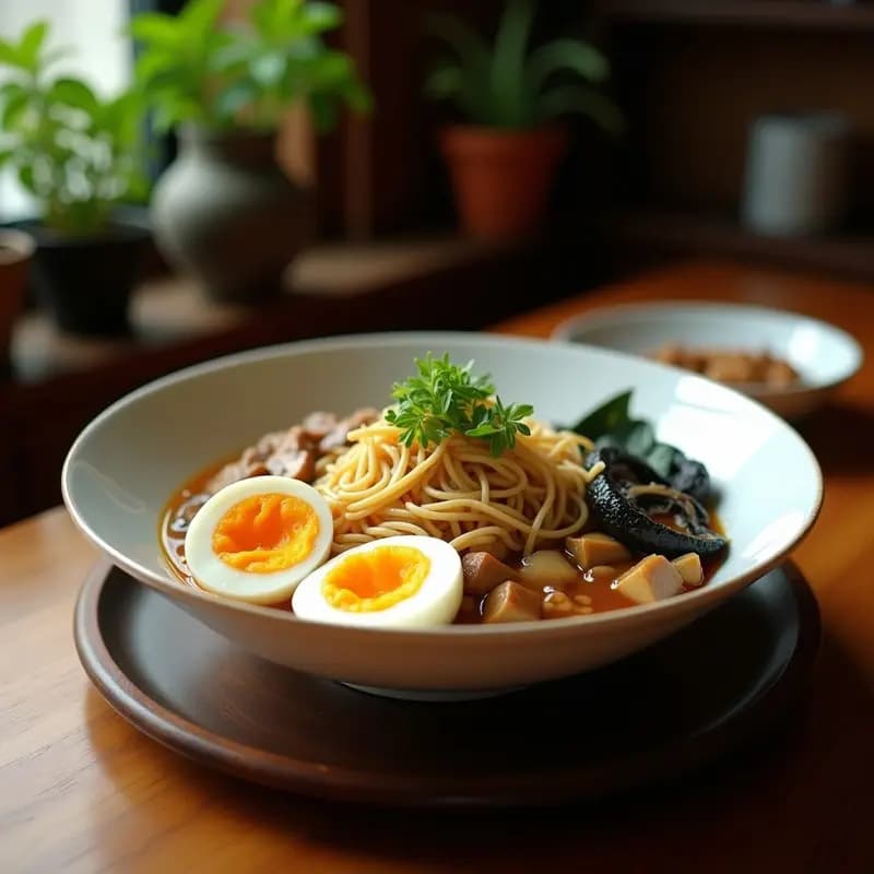 Cuenco hondo negro con ramen de champiñones shitake y huevos marinados, caldo dashi espumoso, fideos dorados, huevo cortado mostrando yema líquida amarilla, champiñones brillantes, brotes de soja y cebolla verde. Sopa japonesa reconfortante con semillas de sésamo espolvoreadas.