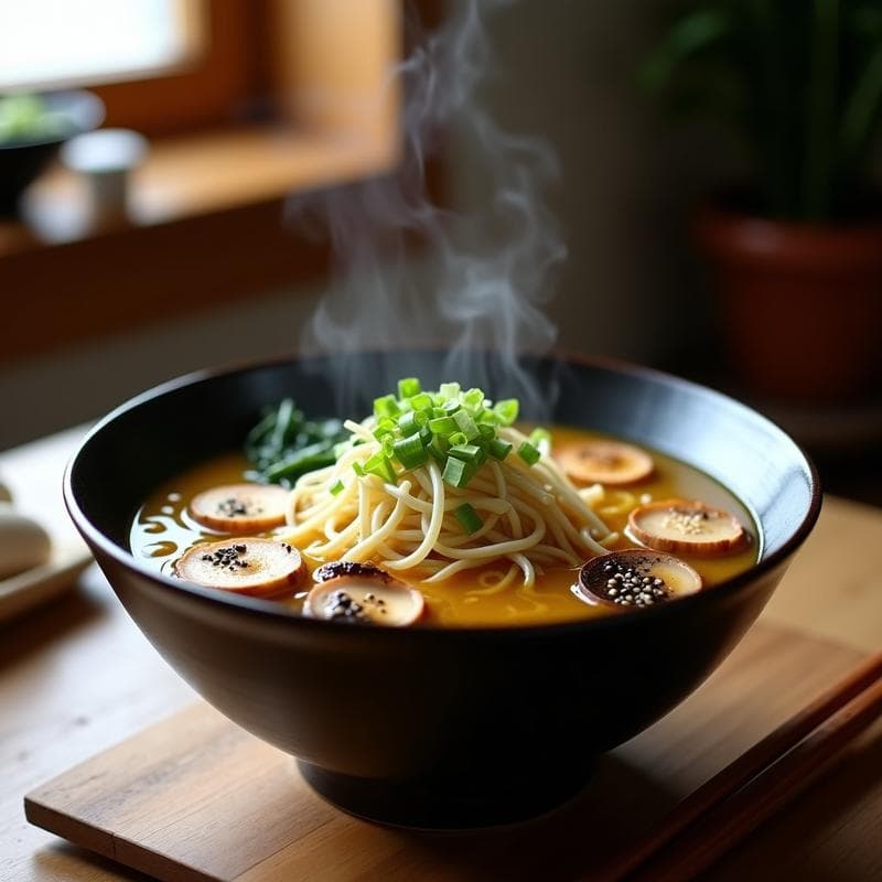 Cuenco hondo de cerámica negra con ramen vegano: fideos de konjac transparentes, caldo de miso dorado con champiñones shitake, tofu ahumado dorado, algas wakame, brotes de soja y semillas de sésamo negro. Decorado con cebollino y pimienta de cayena, sobre fondo de madera oscura.