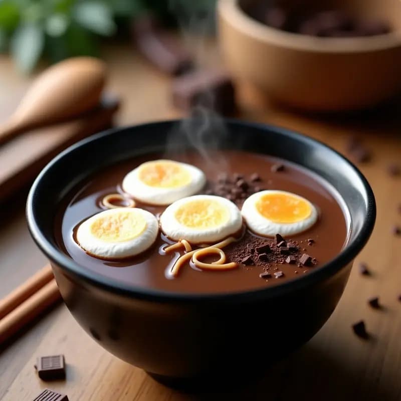 Tazón hondo de cerámica negra con ramen de fideos de arroz bañados en chocolate caliente cremoso, coronado con malvaviscos blancos derritiéndose y semillas de sésamo tostadas espolvoreadas. Bebida japonesa reconfortante sin cafeína.