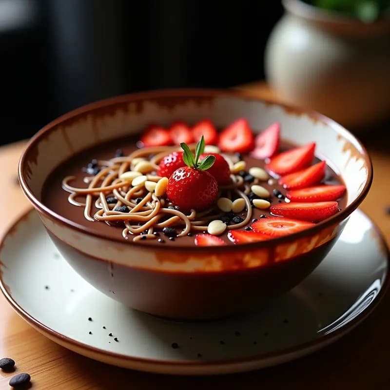 Bol transparente con ramen de chocolate y fresas: fideos de arroz fríos y crujientes bañados en caldo espeso de chocolate negro, decorado con láminas de fresa, almendras laminadas y semillas de sésamo negro. Postre japonés viral y fotogénico.