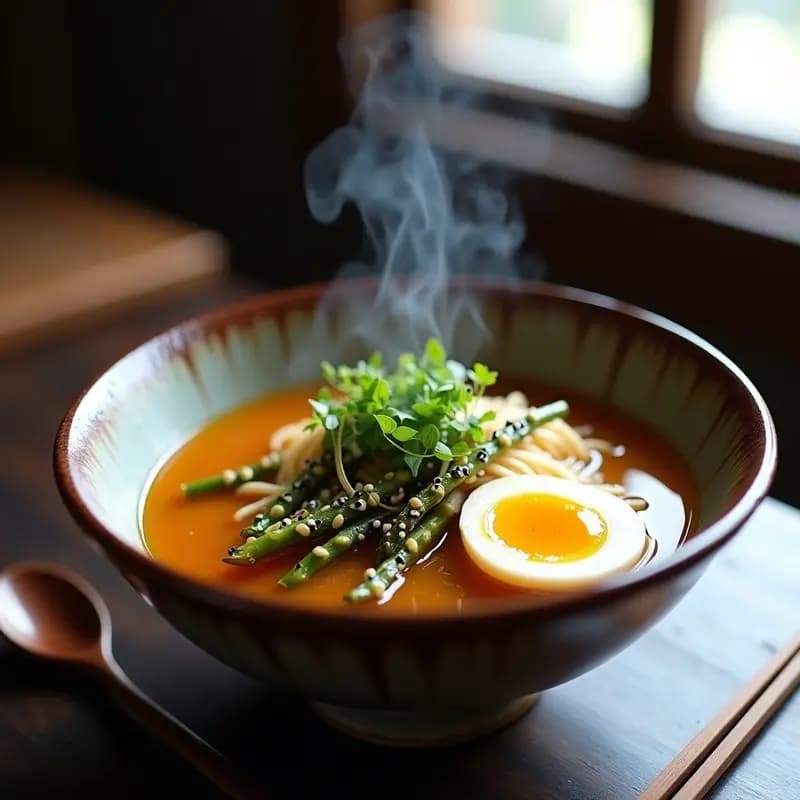 Bowl de ramen japonés con caldo dorado umami, huevo marinado cortado por la mitad mostrando yema líquida, broshutos de espárragos salteados, semillas de sésamo negro y cebollino fresco, receta alta en hierro con Chromenut.