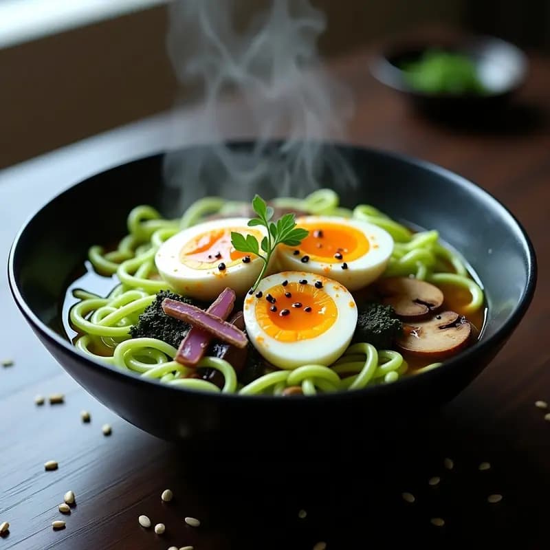 Cuenco negro de ramen keto con espirales de calabacín verdes, huevos marinados cortados por la mitad mostrando yema dorada, champiñones portobello, algas nori y semillas de sésamo negro. Broth de huesos humeante y decoración con cebollino y pimienta rosa.