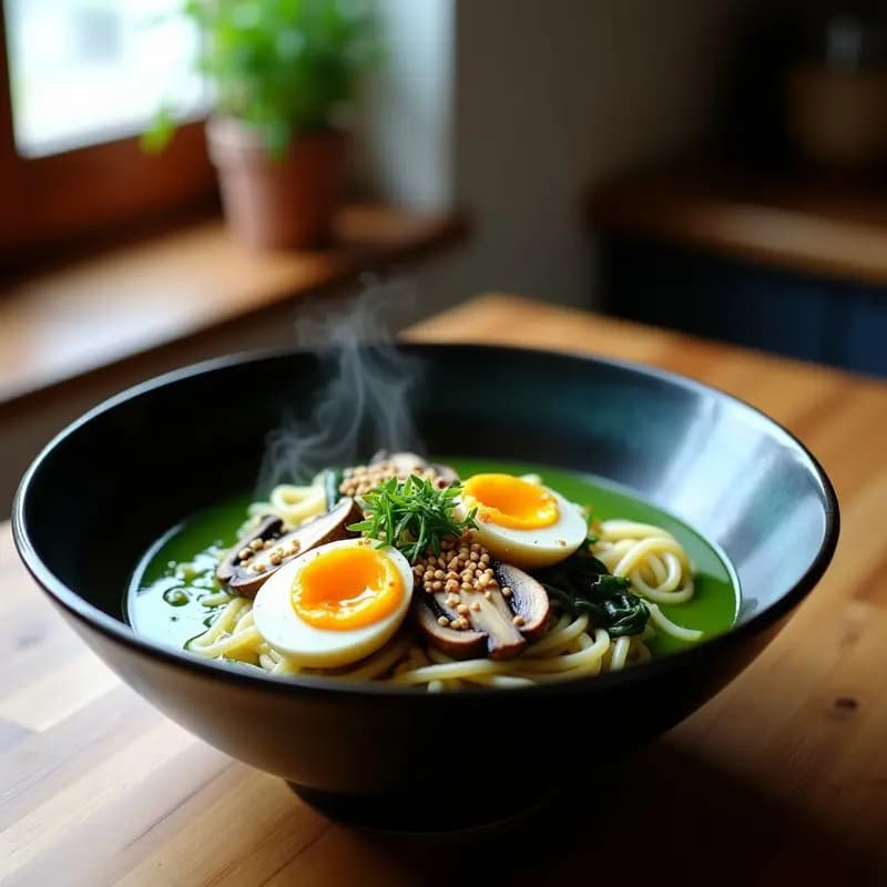 Cuenco hondo de cerámica negra con ramen de espirulina y champiñones Portobello, caldo verde oscuro, fideos de arroz, huevos de codorniz marinados cortados por la mitad y decorado con cebollino y semillas de sésamo.