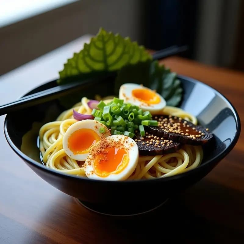Cuenco negro de ramen low carb con fideos de calabacín verdes brillantes, huevo marinado en salsa teriyaki cortado por la mitad mostrando yema cremosa, champiñones salteados, cebolla morada, semillas de sésamo y algas nori en tiras. Decorado con cebollino fresco y un hilo de aceite de sésamo toastado.