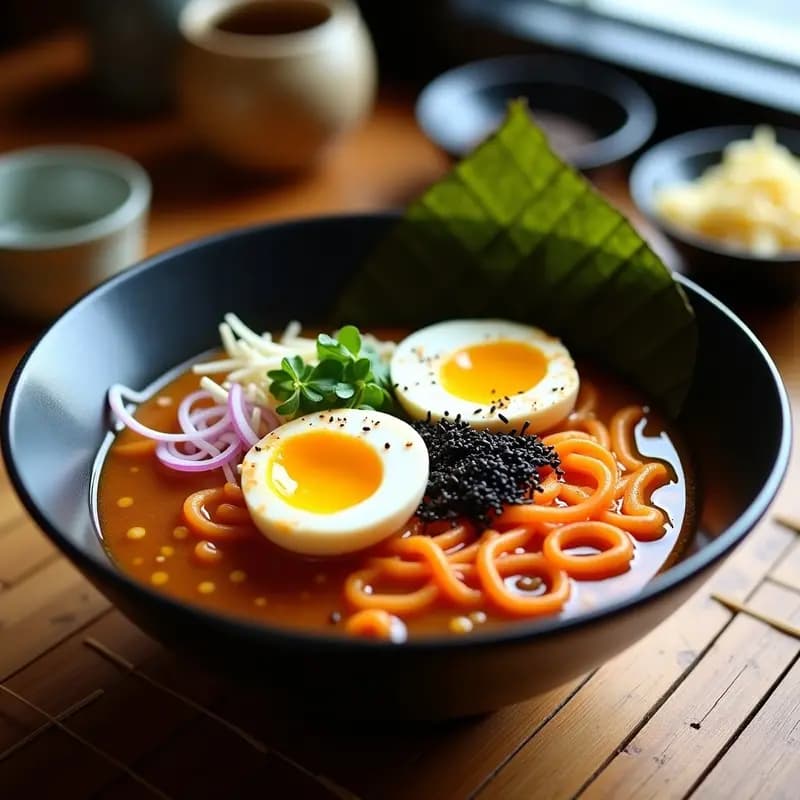 Cuenco de ramen japonés vegano con fideos de lentejas rojas, huevo marinado cortado por la mitad mostrando yema cremosa, algas nori tostadas, brotes de soja, champiñones shiitake y semillas de sésamo negro, sobre fondo oscuro con vapor ascendente.