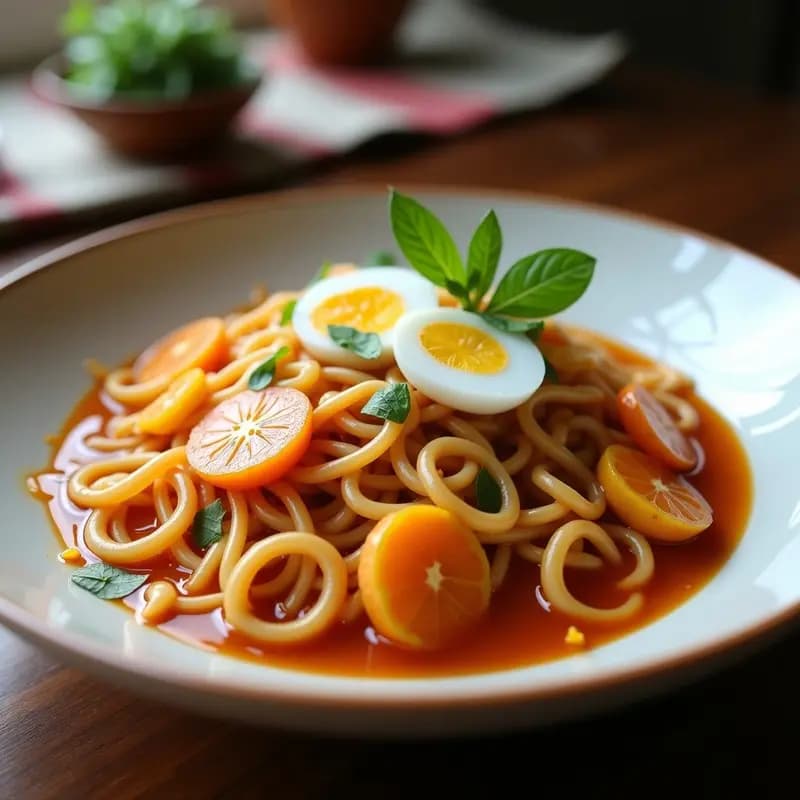Cuenco hondo de ramen colorido con fideos de arroz blancos, leche de coco cremosa, gominolas de colores, trozos de mango amarillo, kiwi verde, fresas rojas y arándanos azules. Decorado con coco rallado y hojas de menta. Postre asiático divertido para niños.