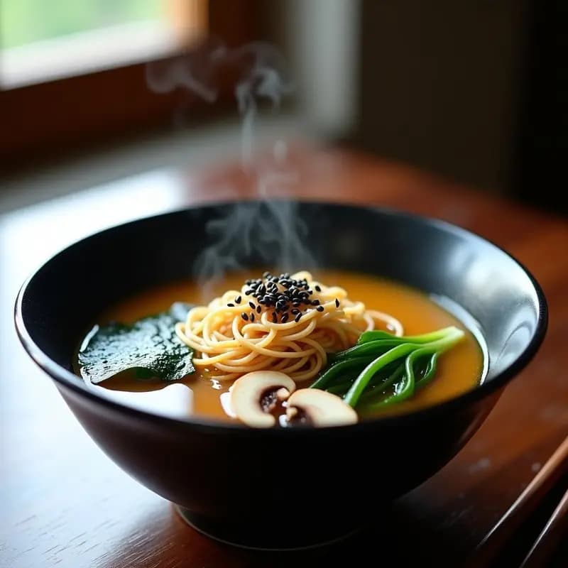 Cuenco hondo de cerámica negra con ramen vegano: fideos ramen sumergidos en un caldo dorado y espeso, con láminas de hongos ostra, hojas de bok choy verde brillante, algas nori en tiras, semillas de sésamo negro espolvoreadas y un chorrito de aceite de sésamo brillante en la superficie. Plato de cocina japonesa vegana en olla exprés.