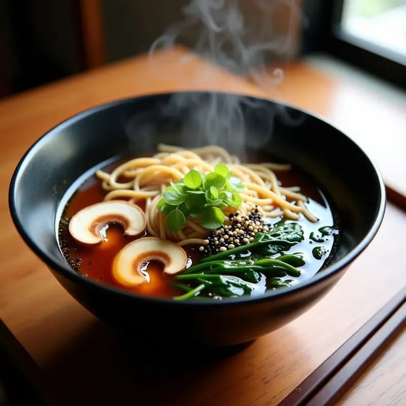 Bol de ramen vegano con caldo umami dorado, fideos de trigo sarraceno, láminas de hongo ostreatus, espinacas baby y semillas de sésamo negro. Plato tradicional japonés reconfortante y saludable.