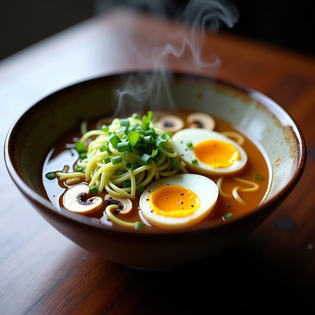 Bol de ramen japonés low-carb con caldo dorado de hongos, fideos de zucchini verdes, hongos enoki blancos, huevo marinado y semillas de sésamo negro, servido en Thermomix.