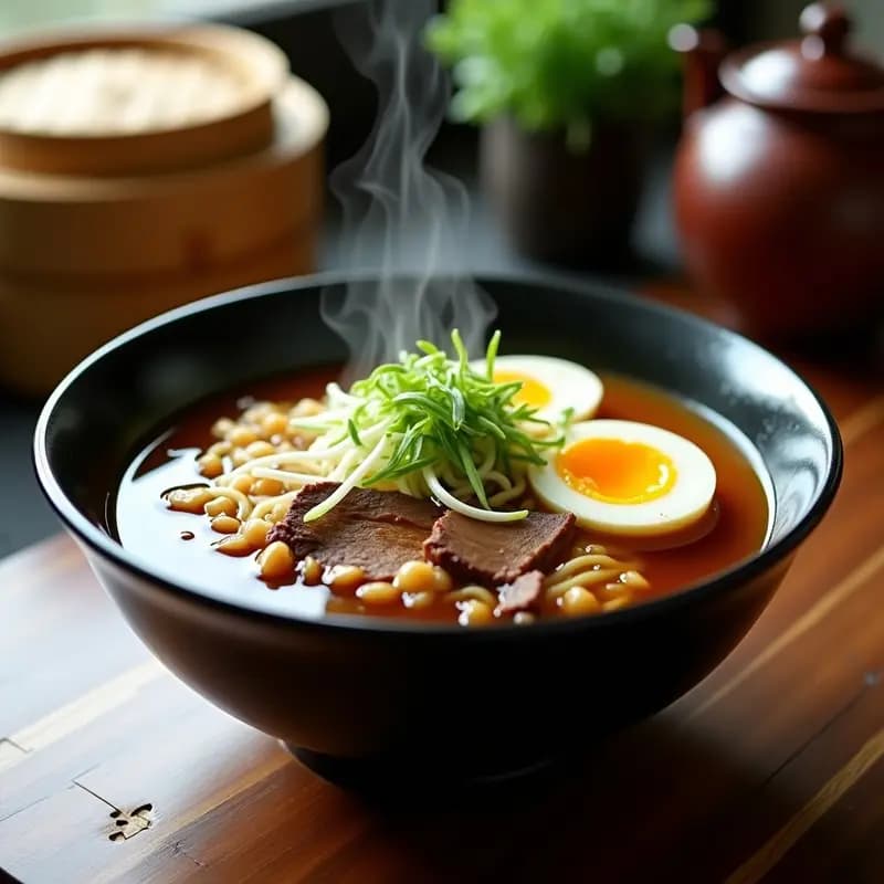 Bowl negro de cerámica con ramen de huesos de res, caldo dorado y espeso con jengibre y cebolla negra, fideos ramen frescos, huevos de codorniz cortados, brotes de soja y cebollino. fondo borroso con ollas de cocina japonesa.