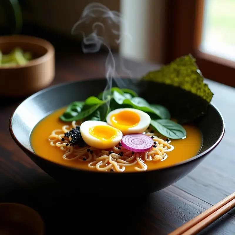 Bol de ramen japonés humeante con caldo dorado, fideos ramen, huevo marinado cortado por la mitad mostrando yema cremosa, espinacas frescas, cebollino y semillas de sésamo negro. Plato tradicional con toques verdes y amarillos vibrantes.