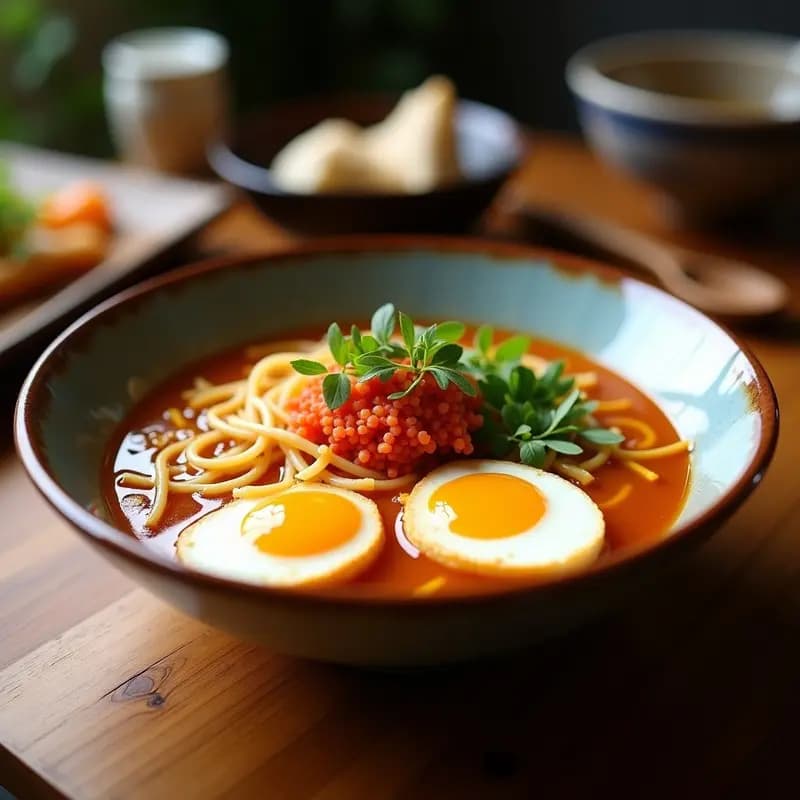 Cuenco hondo de cerámica negra con ramen japonés: fideos dorados bañados en caldo ámbar, dos mitades de huevo marado con yema cremosa, rodajas de narutomaki rosa y blanco, brotes de bambú, cebollino picado y alga nori. Aceite de sésamo brillante en la superficie y granos de pimienta de Sichuán dispersos.