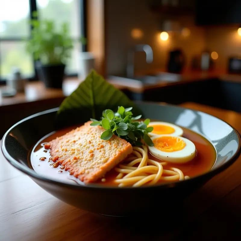 Bowl hondo de ramen japonés con caldo dorado y humeante, fideos ramen frescos, rodajas de cerdo chashu glaseado, medio huevo marinado con yema cremosa, cebollino picado y semillas de sésamo. Plato tradicional de cocina japonesa en olla rápida.