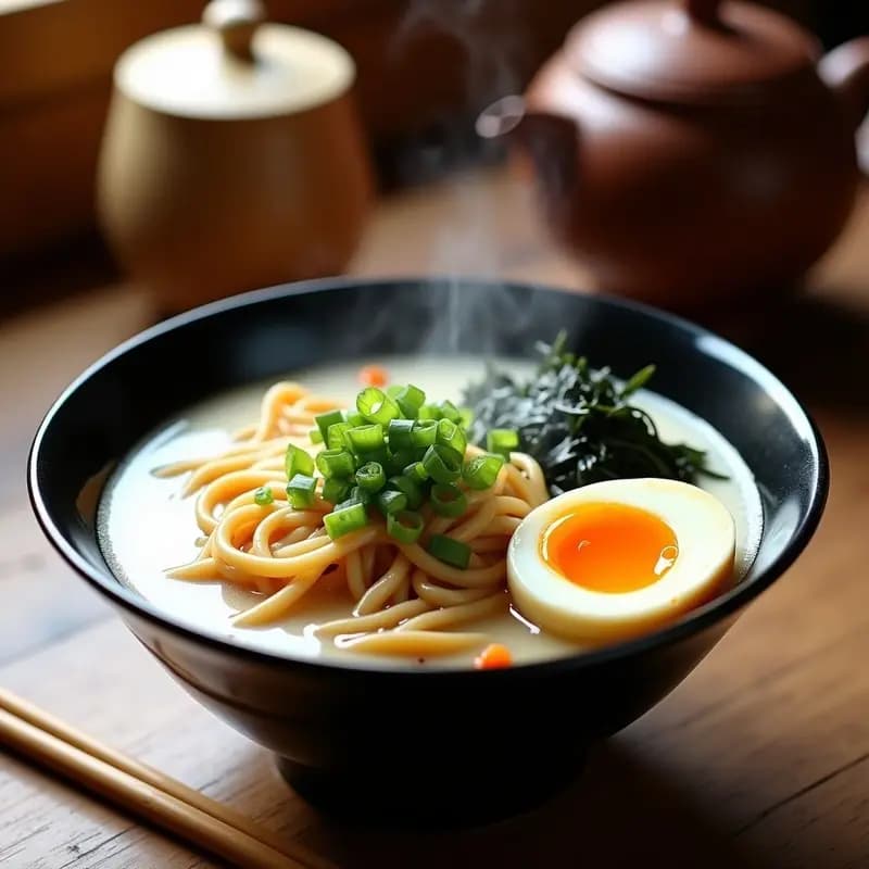Cuenco hondo de cerámica negra con ramen japonés de pollo: fideos amarillos en caldo de miso espumoso, huevo marinado cortado por la mitad mostrando yema cremosa, tiras de nori, brotes de soja, cebollino picado y trozos de pollo jugoso. Fondos desenfocados de cocina japonesa tradicional.