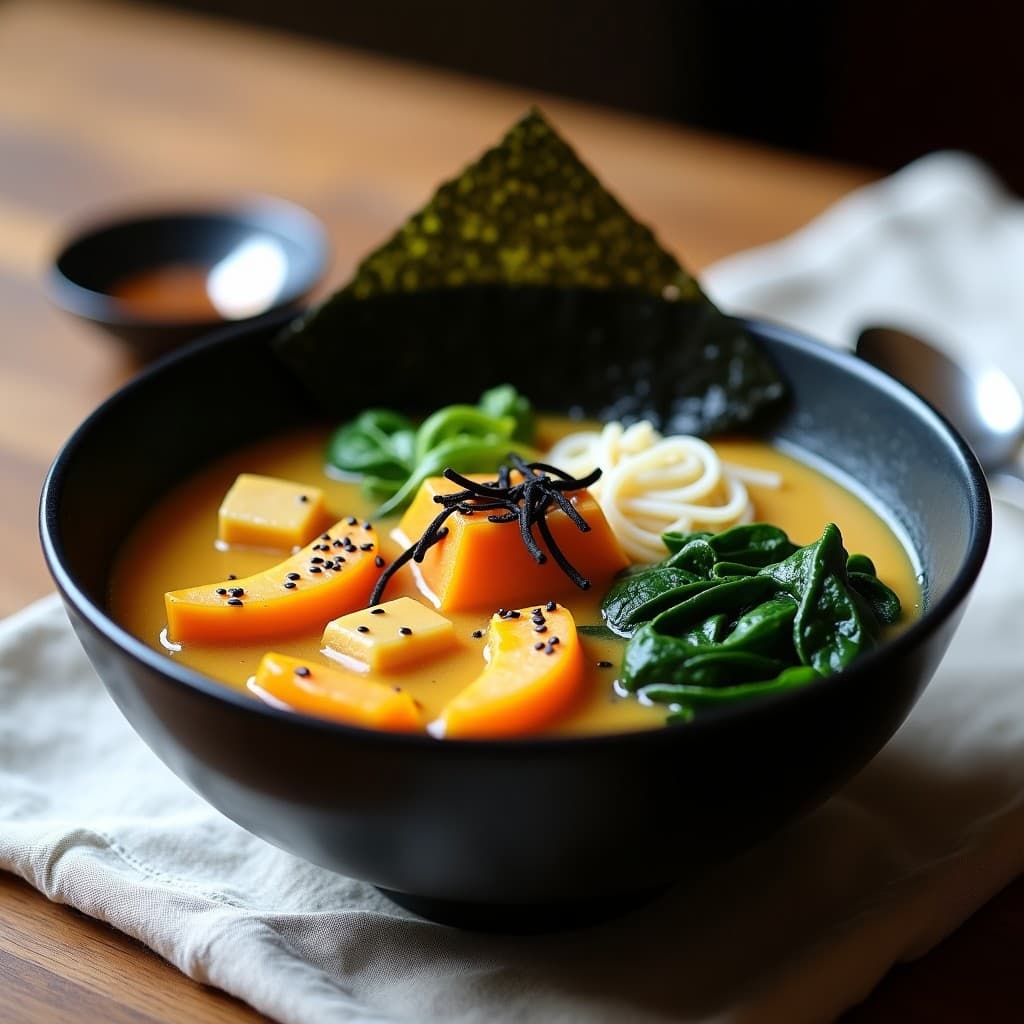 Cuenco hondo de cerámica negra con ramen de calabaza kabocha y miso blanco, caldo cremoso color naranja, tofu dorado, semillas de sésamo negro y cebollino picado. Plato vegano japonés con fondo de madera rústica.