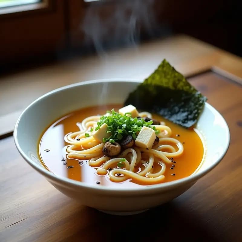 Cuenco hondo de cerámica blanca con ramen de fideos de konjac transparentes, caldo dorado de misoshiru, tofu ahumado en cubos, hongos enoki y decoración de algas nori, cebollino y semillas de sésamo negro. Plato japonés sin carbohidratos listo para servir.