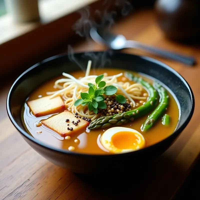 Cuenco hondo de cerámica negra con ramen de miscotán y espárragos: fideos de trigo sarraceno bañados en un caldo dorado y transparente, espárragos trigueros verdes en bastones, semillas de sésamo negro espolvoreadas y cebollino fresco picado. Plato vegano y desintoxicante con toques de aceite de sésamo brillante.