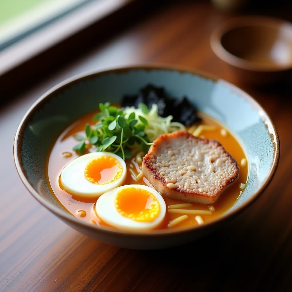 Cuenco hondo de cerámica negra con ramen de miscuta tostada dorada, huevo marinado cortado por la mitad mostrando yema cremosa, caldo dashi humeante con trozos de shiitake y cebolla morada, decorado con semillas de sésamo negro y cebollino fresco. Receta japonesa sin fideos alta en proteína.