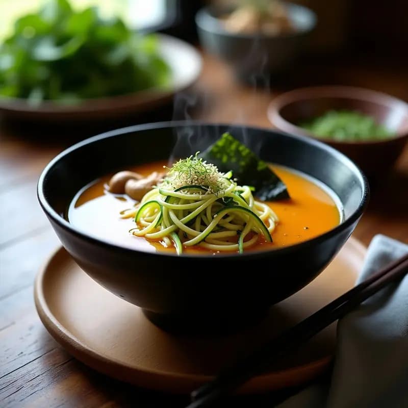 Cuenco hondo de cerámica negra con ramen de caldo de miso dorado, fideos de zucchini verdes en espiral, hongos shimeji, algas wakame, brotes de soja y semillas de sésamo. Plato vegano y sin gluten con fondo rústico de madera.