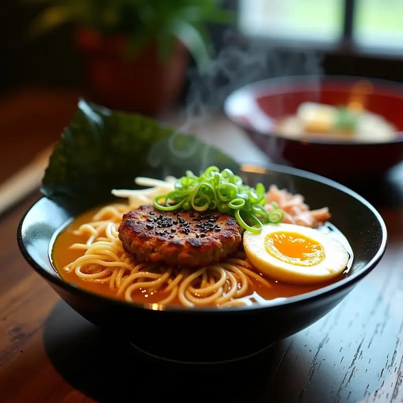 Ramen de Miso con Hamburguesa de Lentejas y Huevos Marinado: Receta Japonesa Vegana de Fusión