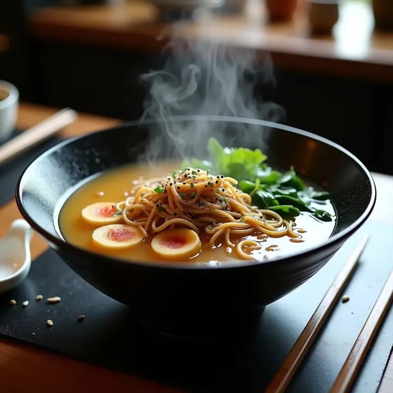 Cuenco de cerámica negro con ramen de miso blanco, hongo reishi en láminas, hojas verdes de pak choi, fideos de arroz integral y semillas de sésamo negro espolvoreadas. Caldo humeante y fondo de madera oscura con utensilios japoneses.