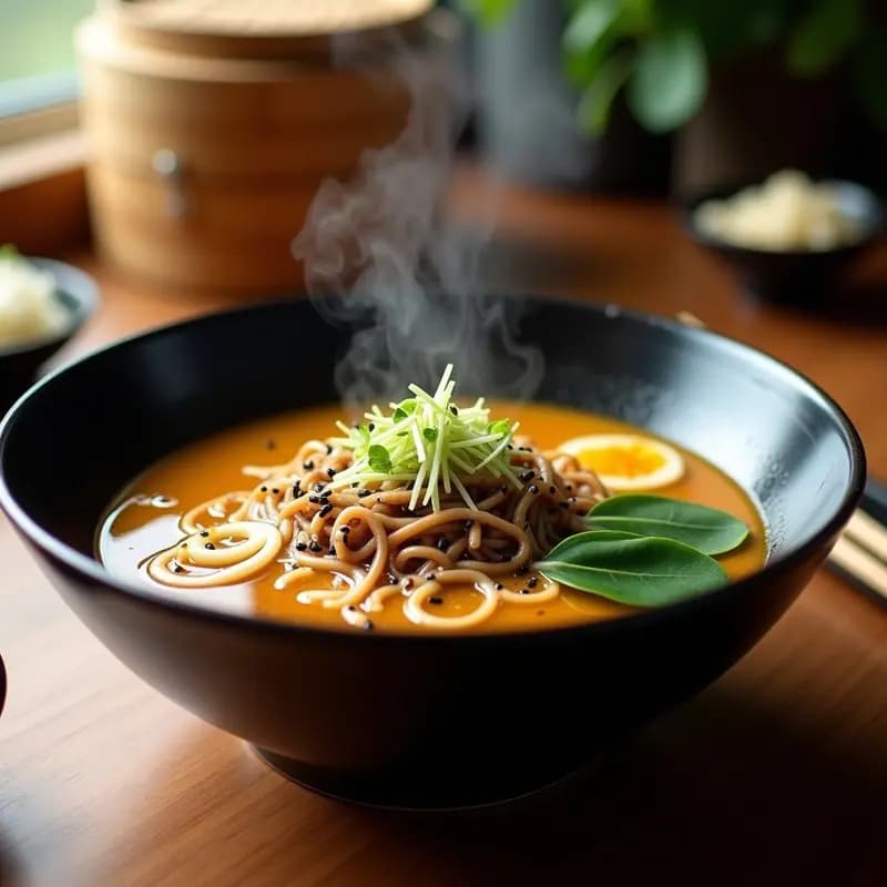 Cuenco hondo de cerámica negra con ramen vegano: fideos de arroz integral sumergidos en un caldo dorado de miso, decorado con hongos reishi en láminas, espinacas frescas, tofu ahumado dorado, algas wakame y semillas de sésamo negro. Fondo minimalista con rodaja de limón y brotes de soja al lado. Receta japonesa para fortalecer el sistema inmune.