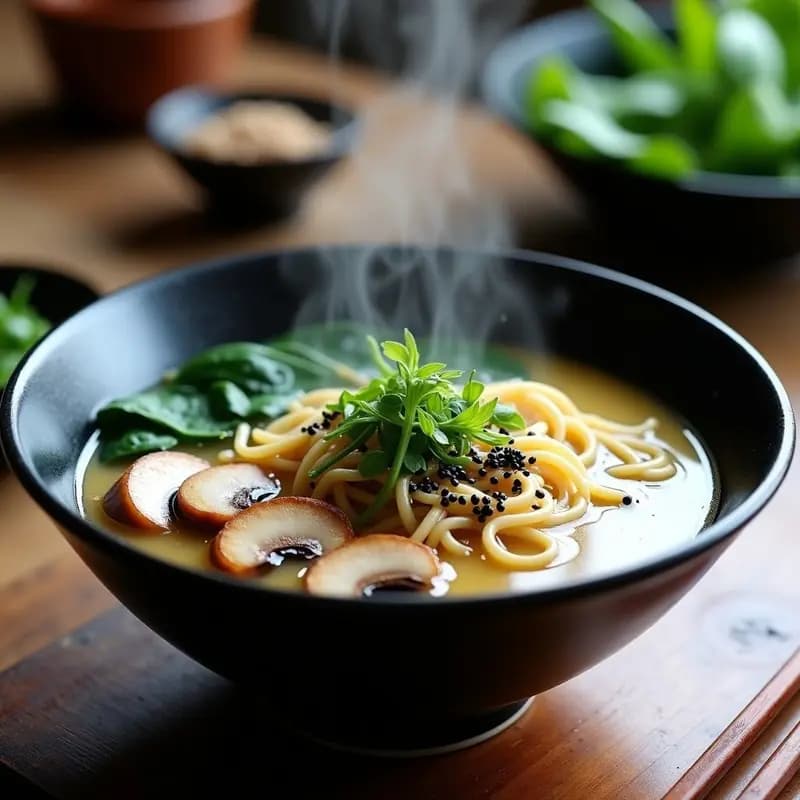 Bowl negro de ramen vegano con caldo de miso espumoso, fideos ramen al dente, hongos shiitake dorados, espinacas baby verdes vibrantes, tiras de alga nori y semillas de sésamo negro, decorado con cebollino fresco y un hilo de aceite de sésamo.