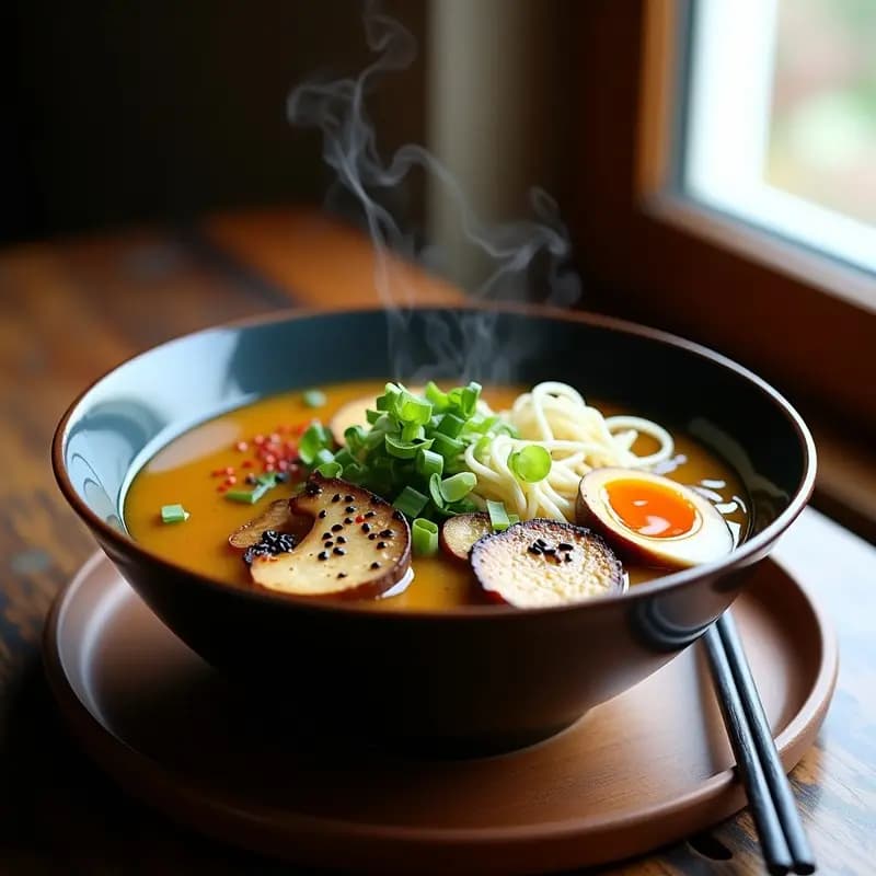 Cuenco hondo de cerámica oscura con ramen vegano de miso, caldo dorado espeso con trozos de hongos shiitake, tofu ahumado dorado, fideos ramen, brotes de soja y cebollinos. Decorado con semillas de sésamo negro y chile en polvo sobre fondo de madera rústica.