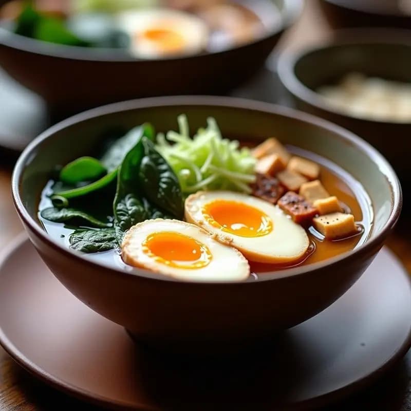 Cuenco hondo de cerámica blanca con ramen de miso en caldo claro, huevo marinado cortado por la mitad mostrando yema cremosa, espinacas baby frescas, algas nori en tiras, semillas de sésamo y cebollino picado, sobre fondo de madera rústica.