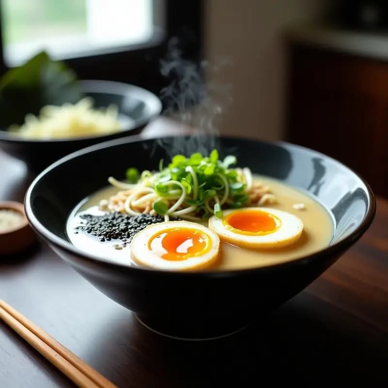 Cuenco negro de ramen de miso con huevos MarMuseados cortados por la mitad, brotes de soja frescos, cebolla verde picada, algas nori y semillas de sésamo negro, sobre un fondo de madera oscura con luz natural.