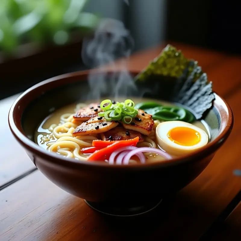 Bowl de cerámica negra con ramen de miso humeante, fideos al dente bañados en caldo dorado, pollo teriyaki glaseado en tiras, mitad de huevo campero con yema cremosa, brotes de soja, cebollino picado y semillas de sésamo negro. Fondos desenfocados de ingredientes japoneses como jengibre y salsa teriyaki.