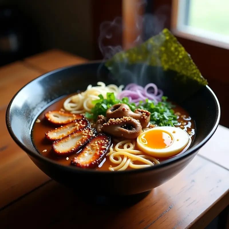 Cuenco hondo negro con ramen de miso, fideos amarillos bañados en caldo dorado, pollo teriyaki brillante, hongos shiitake salteados, huevo cortado por la mitad con yema cremosa, brotes de soja, cebollino y semillas de sésamo. Alga nori a un lado. Receta japonesa alta en proteína.