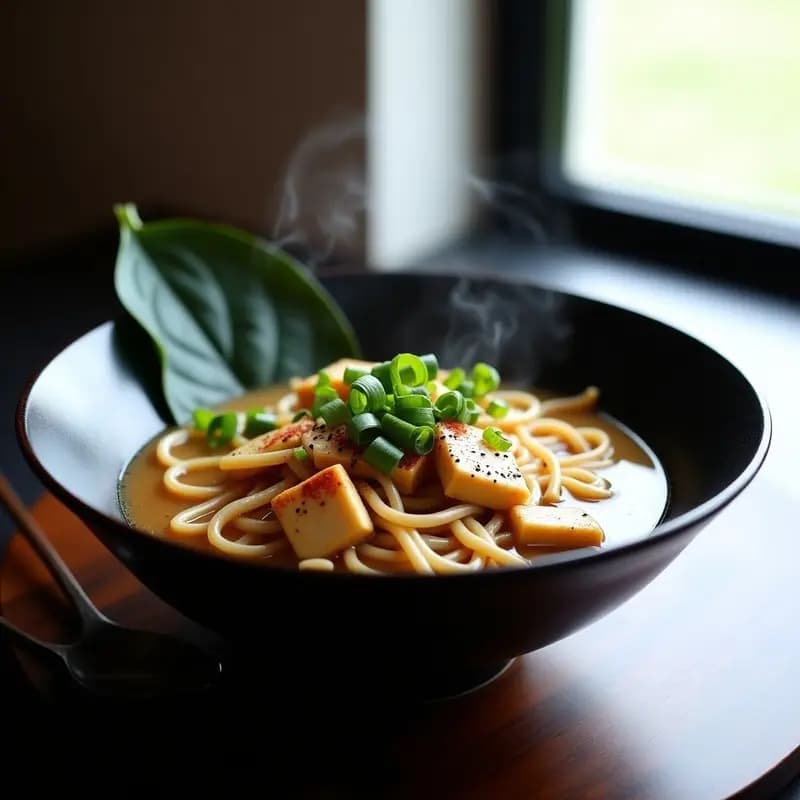 Bowl de ramen de miso vegano con fideos dorados, tofu sedoso en cubos, brotes de bambú, cebolla verde picada y semillas de sésamo, servido con caldo espumoso y aceite de sésamo.