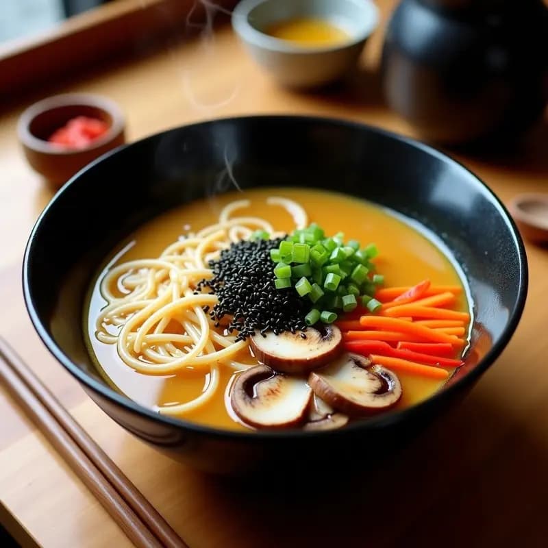 Cuenco hondo de cerámica negra con ramen vegano de caldo miso dorado, fideos de arroz, champiñones shiitake, zanahoria, pimiento rojo y algas wakame. Decorado con semillas de sésamo negro, cebollino picado y un hilo de aceite de sésamo tostado. Fondo borroso con utensilios de cocina japoneses.
