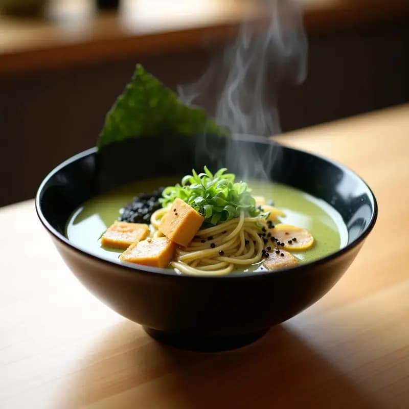Cuenco hondo de cerámica negra con ramen de misoshiru vegano, fideos sin gluten bañados en caldo cremoso de color verde claro por la espirulina, trozos de tofu dorado, brotes de bambú, cebollino picado, semillas de sésamo negro y tiras de alga nori. Fondos de cocina minimalista japonesa con luz natural.