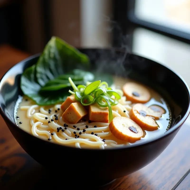 Cuenco hondo de cerámica negra con ramen de misoshiru vegano: fideos de arroz bañados en caldo cremoso de miso blanco, hongos enoki blancos en mechones, espinacas baby verdes, cubos de tofu dorado marinado, cebolla verdeo y semillas de sésamo negro. Plato japonés reconfortante y vegano con fondo de madera oscura.